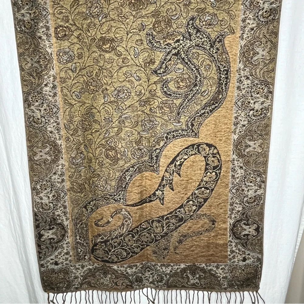 Pashmina Silk Blend Brown and‎ Tan Oversize Scarf with Fringe
